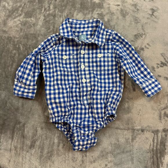 Baby Gap Shrt Blue White Gingham Check Button Down Collared Shirt Boy 3-6 Months - Picture 1 of 8